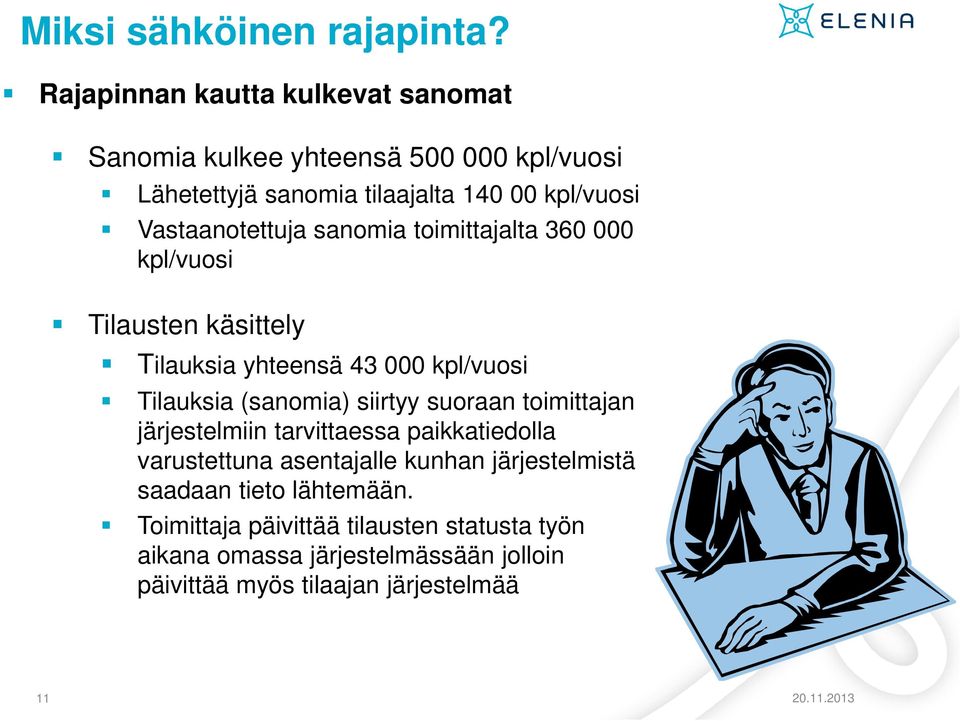 Vastaanotettuja sanomia toimittajalta 360 000 kpl/vuosi Tilausten käsittely Tilauksia yhteensä 43 000 kpl/vuosi Tilauksia (sanomia) siirtyy