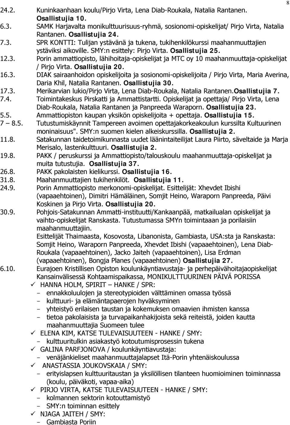 Osallistujia 20. 16.3. DIAK sairaanhoidon opiskelijoita ja sosionomi-opiskelijoita / Pirjo Virta, Maria Averina, Daria Khil, Natalia Rantanen. Osallistujia 30. 17.3. Merikarvian lukio/pirjo Virta, Lena Diab-Roukala, Natalia Rantanen.