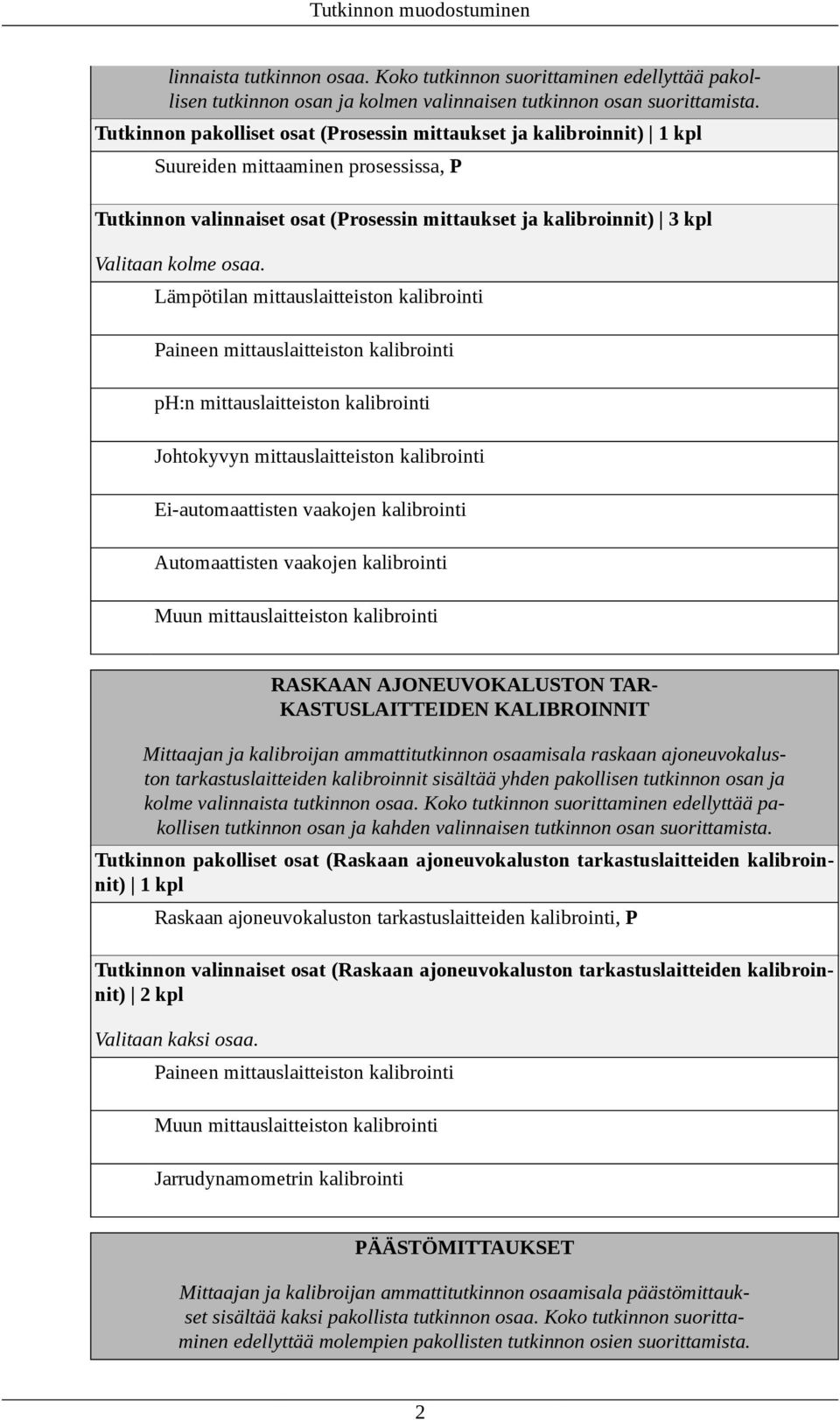 Lämpötilan mittauslaitteiston kalibrointi Paineen mittauslaitteiston kalibrointi ph:n mittauslaitteiston kalibrointi Johtokyvyn mittauslaitteiston kalibrointi Ei-automaattisten vaakojen kalibrointi