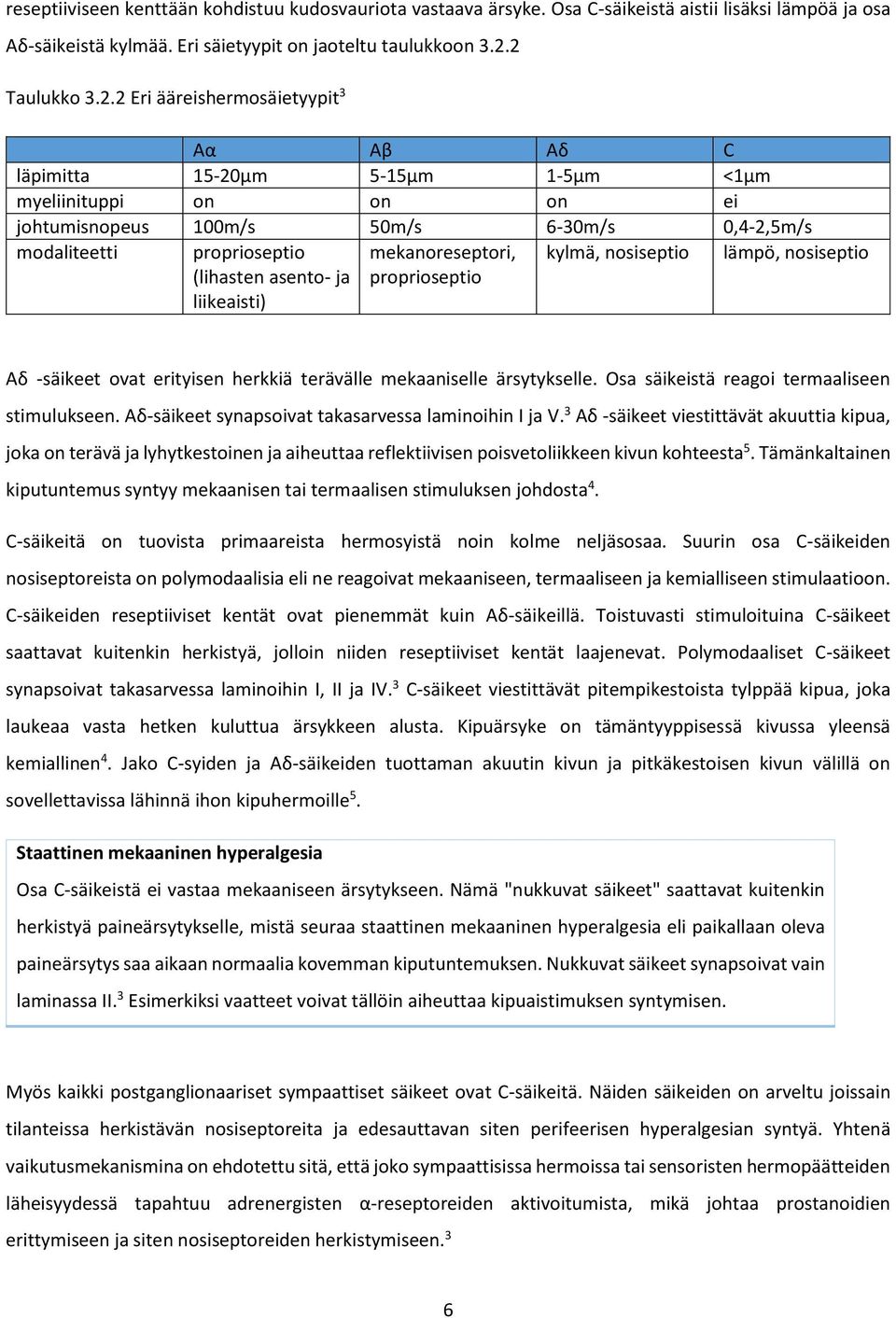 (lihasten asento- ja liikeaisti) mekanoreseptori, proprioseptio kylmä, nosiseptio lämpö, nosiseptio Aδ -säikeet ovat erityisen herkkiä terävälle mekaaniselle ärsytykselle.