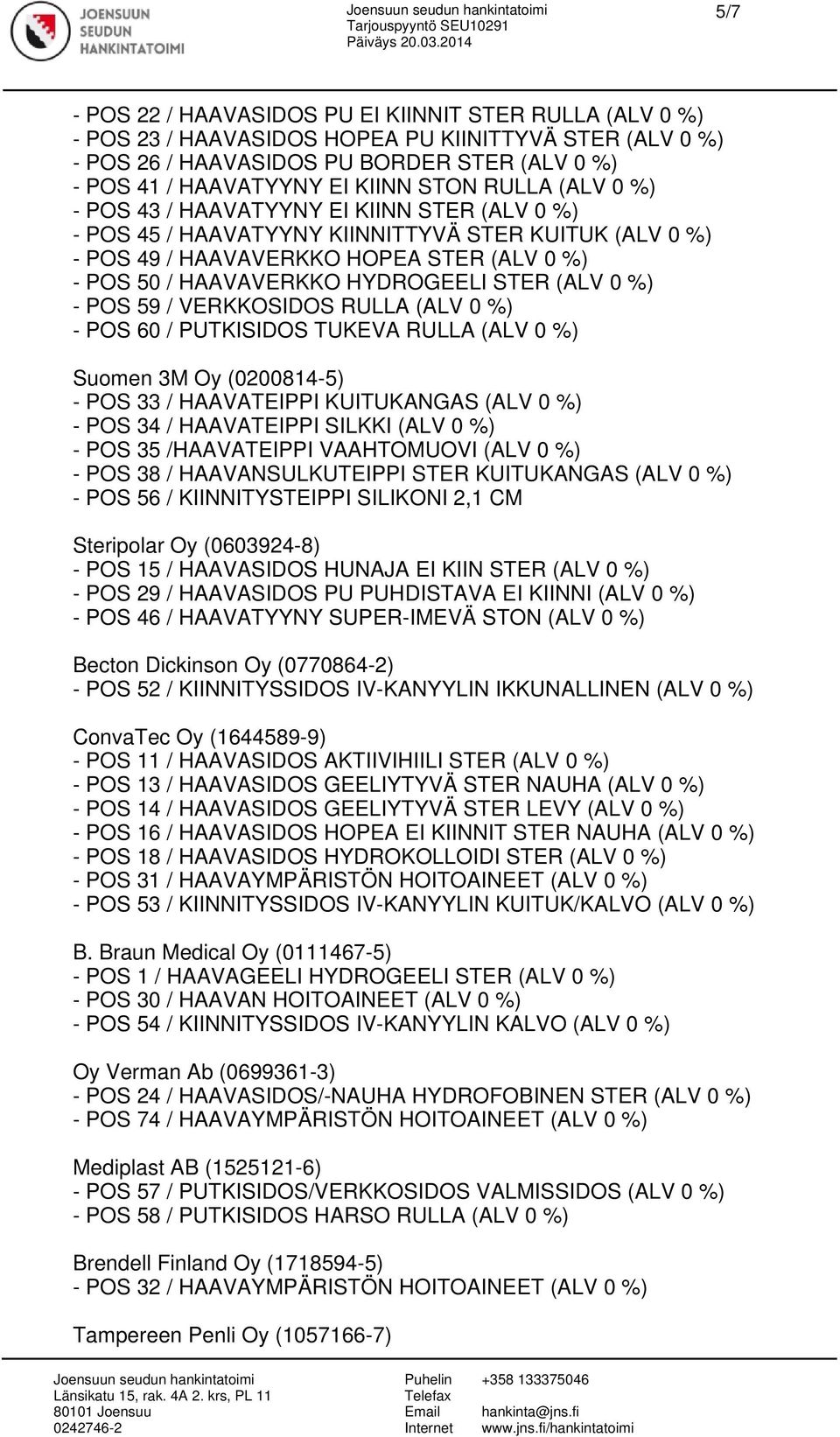 HYDROGEELI STER (ALV 0 %) - POS 59 / VERKKOSIDOS RULLA (ALV 0 %) - POS 60 / PUTKISIDOS TUKEVA RULLA (ALV 0 %) Suomen 3M Oy (0200814-5) - POS 33 / HAAVATEIPPI KUITUKANGAS (ALV 0 %) - POS 34 /