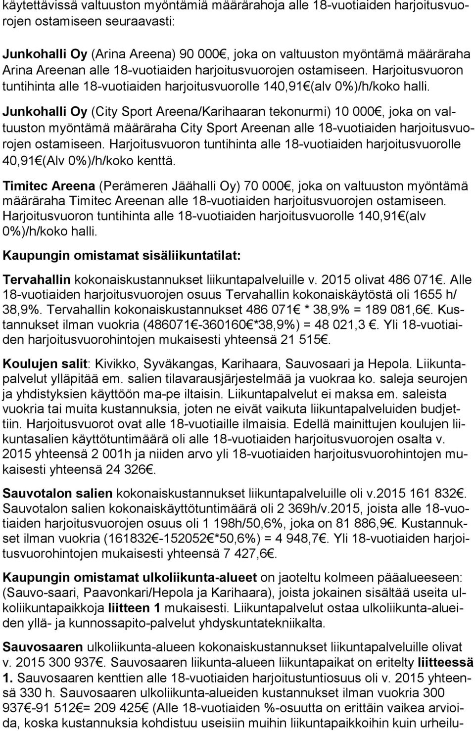 Junkohalli Oy (City Sport Areena/Karihaaran tekonurmi) 10 000, joka on valtuus ton myöntämä määräraha City Sport Areenan alle 18-vuotiaiden har joi tus vuoro jen ostamiseen.