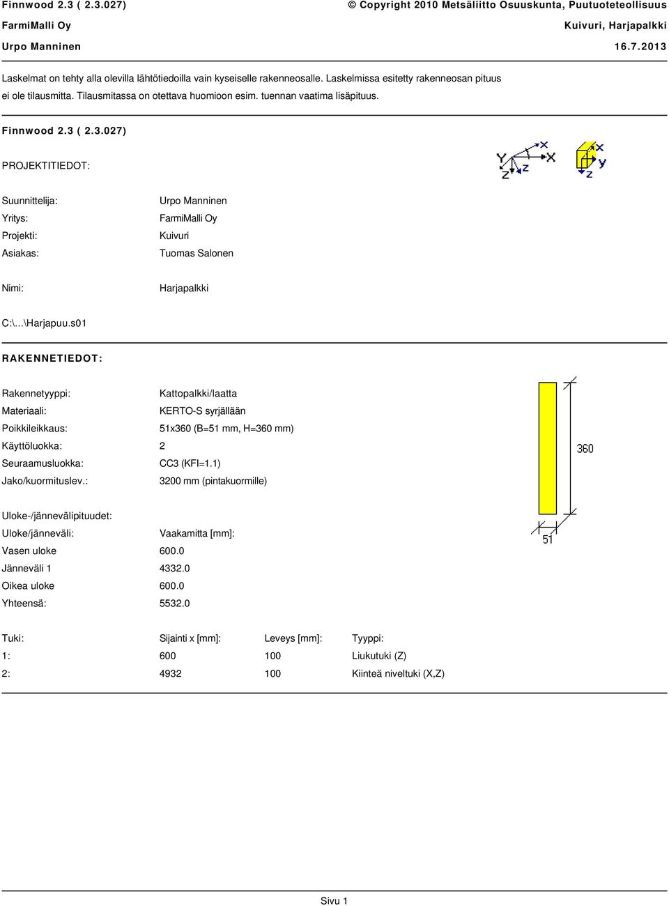 s01 RAKENNETIEDOT: Rakennetyyppi: Kattopalkki/laatta Materiaali: KERTO-S syrjällään Poikkileikkaus: 51x360 (B=51 mm, H=360 mm) Käyttöluokka: 2 Seuraamusluokka: CC3 (KFI=1.1) Jako/kuormituslev.