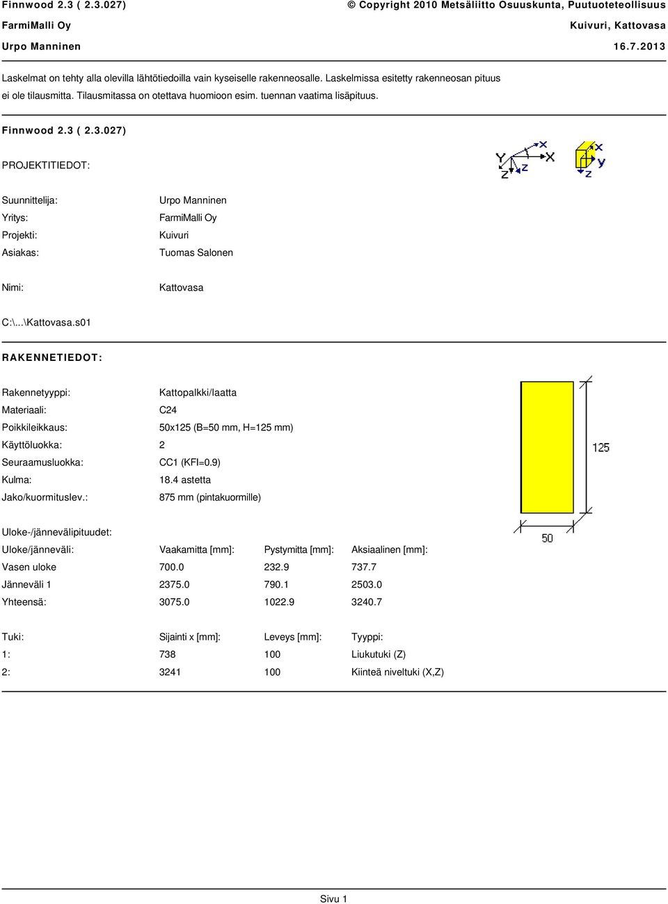 s01 RAKENNETIEDOT: Rakennetyyppi: Kattopalkki/laatta Materiaali: C24 Poikkileikkaus: 50x125 (B=50 mm, H=125 mm) Käyttöluokka: 2 Seuraamusluokka: CC1 (KFI=0.9) Kulma: 18.4 astetta Jako/kuormituslev.