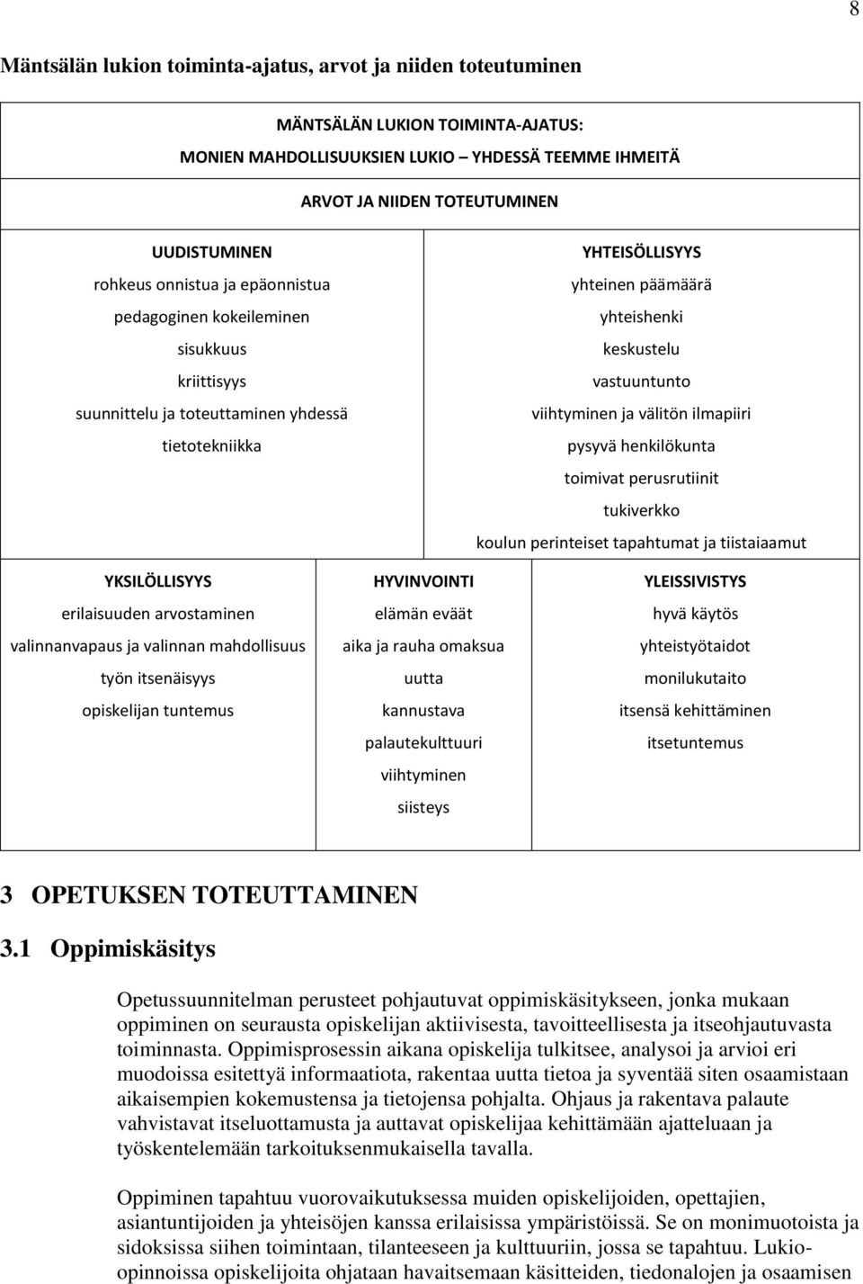 viihtyminen ja välitön ilmapiiri pysyvä henkilökunta toimivat perusrutiinit tukiverkko koulun perinteiset tapahtumat ja tiistaiaamut YKSILÖLLISYYS erilaisuuden arvostaminen valinnanvapaus ja valinnan