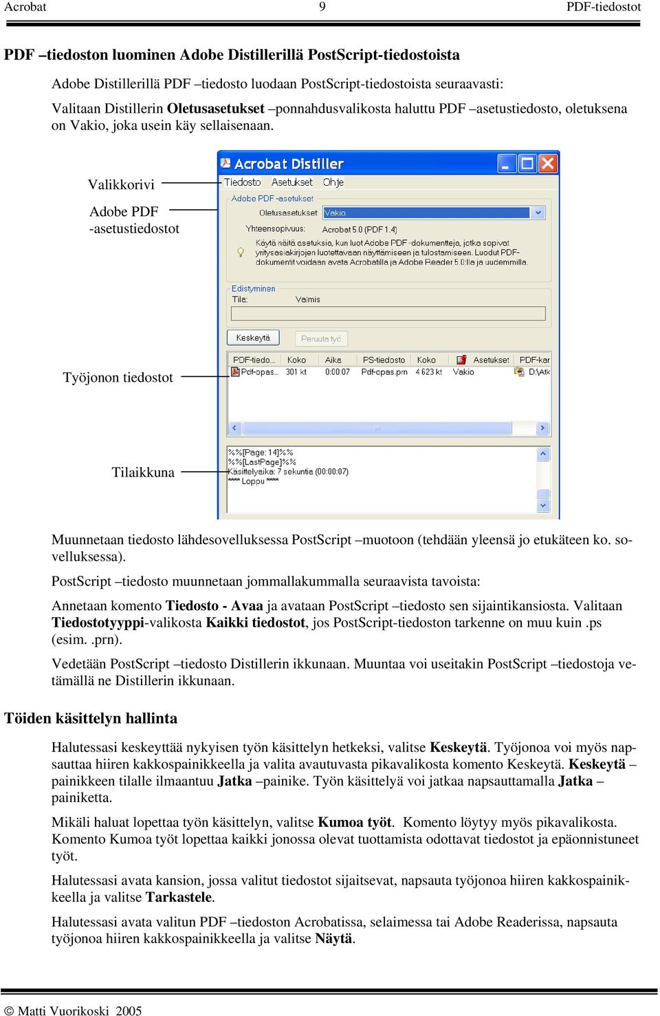 Valikkorivi Adobe PDF -asetustiedostot Työjonon tiedostot Tilaikkuna Muunnetaan tiedosto lähdesovelluksessa PostScript muotoon (tehdään yleensä jo etukäteen ko. sovelluksessa).