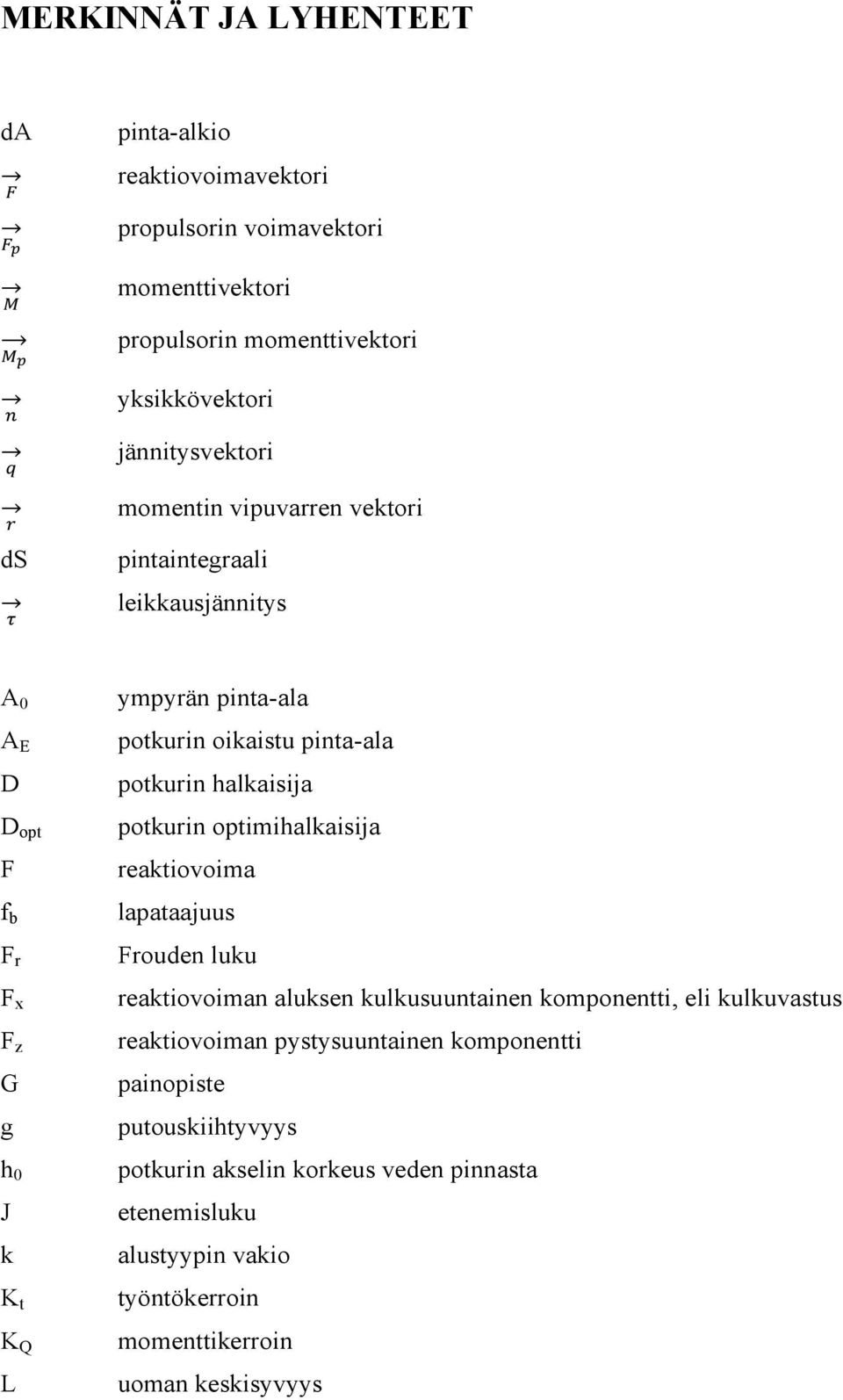 potkurin halkaisija potkurin optimihalkaisija reaktiovoima lapataajuus Frouden luku reaktiovoiman aluksen kulkusuuntainen komponentti, eli kulkuvastus reaktiovoiman