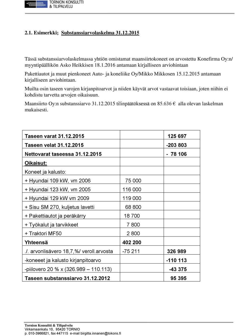 Maansiirto Oy:n substanssiarvo 31.12.