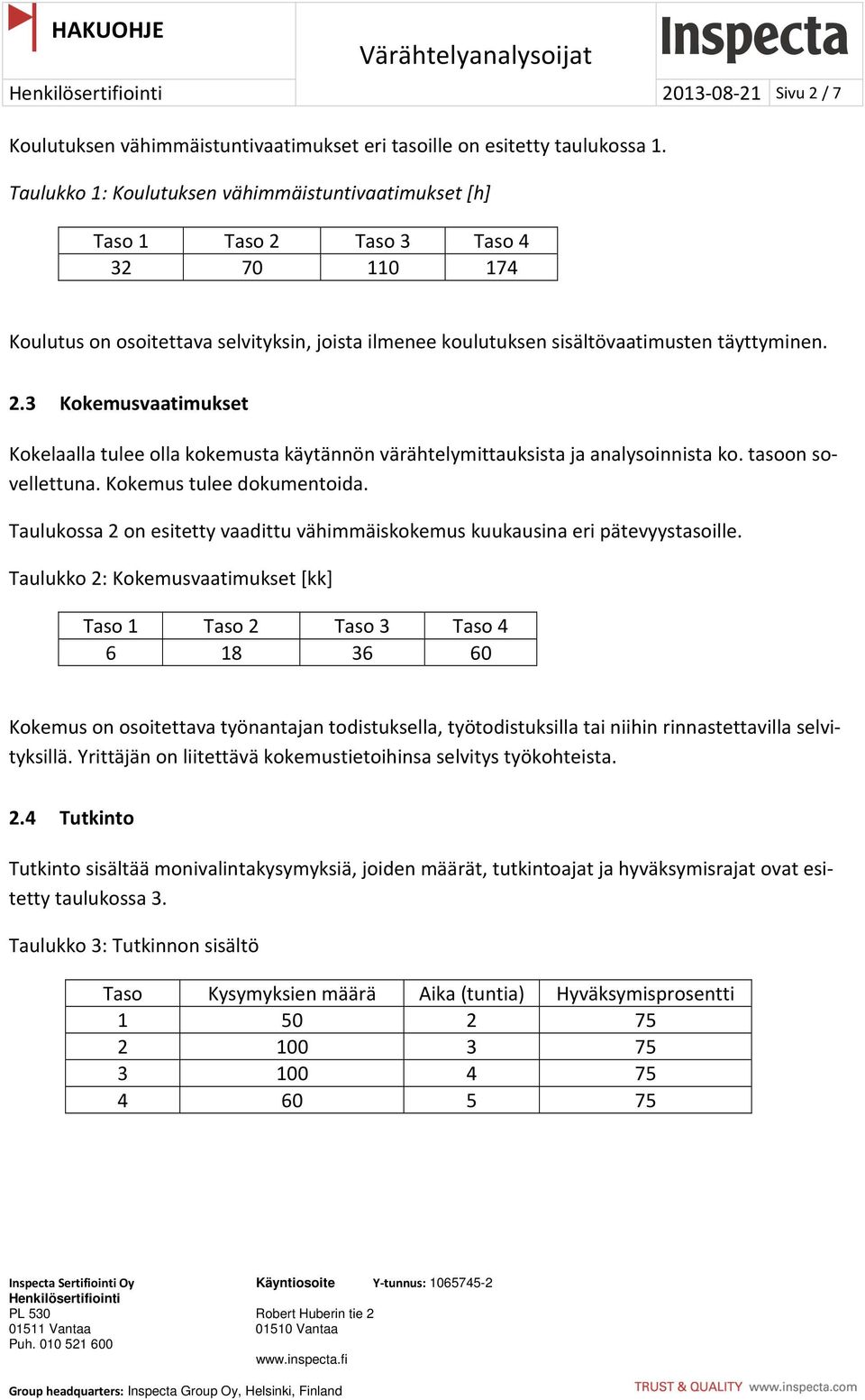 tasoon sovellettuna. Kokemus tulee dokumentoida. Taulukossa 2 on esitetty vaadittu vähimmäiskokemus kuukausina eri pätevyystasoille.