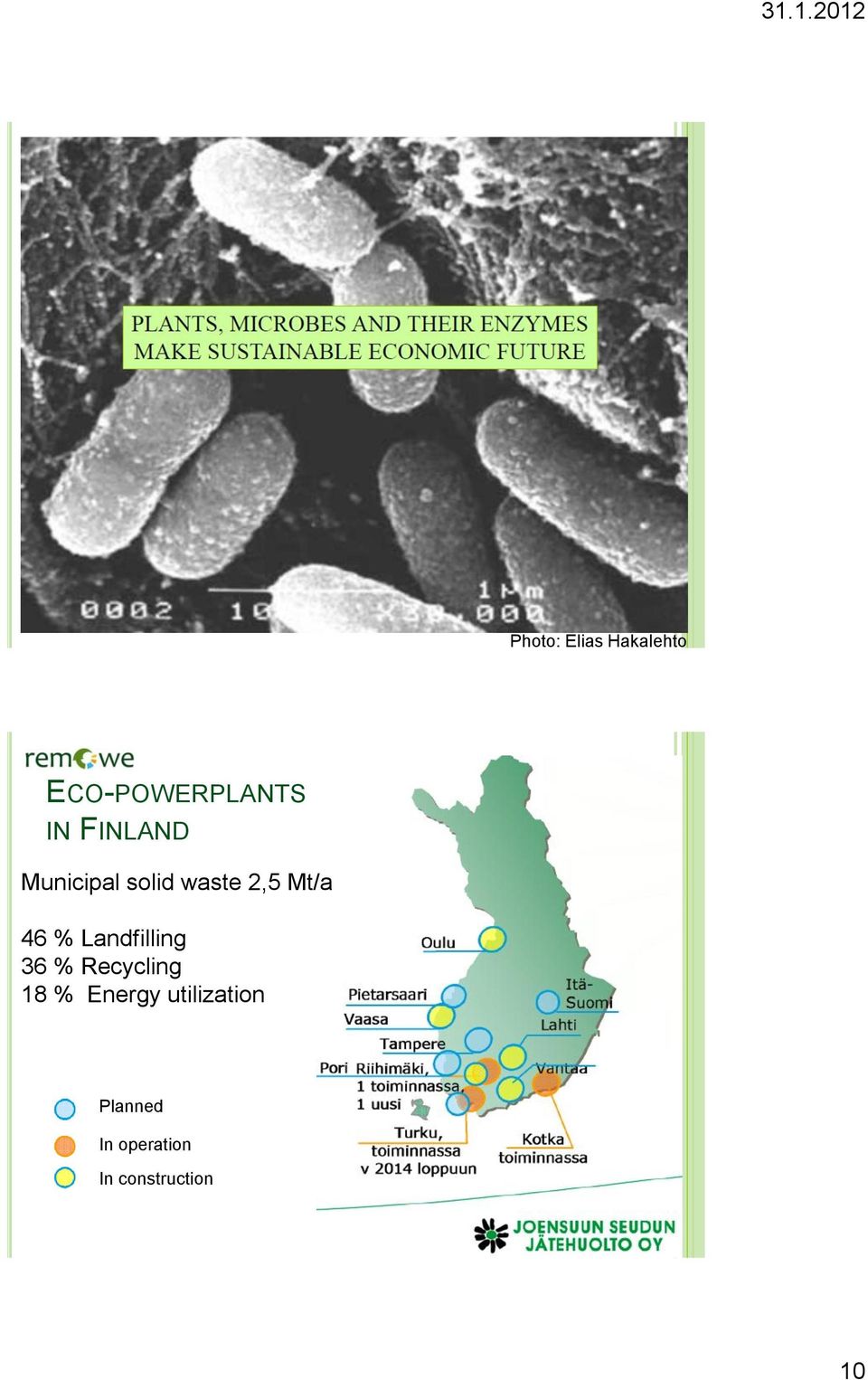 Landfilling 36 % Recycling 18 % Energy