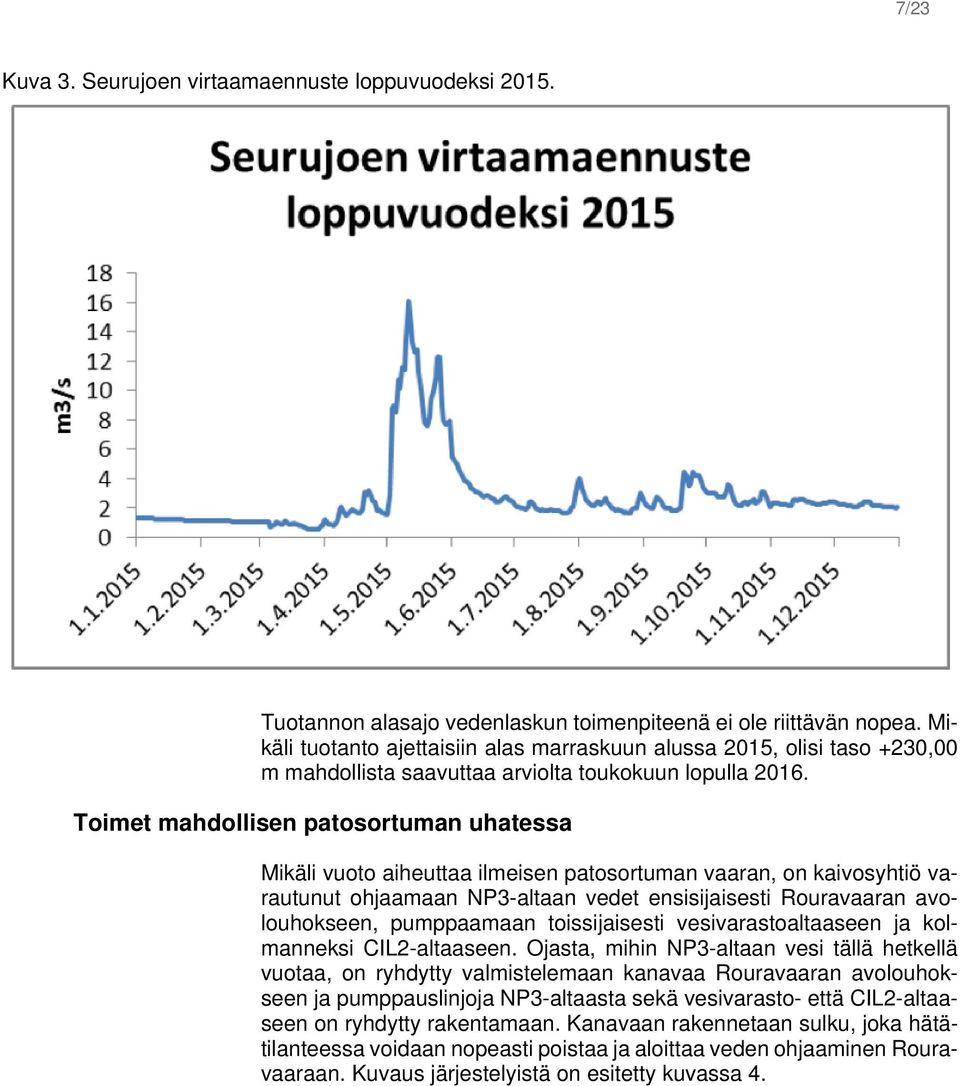 Toimet mahdollisen patosortuman uhatessa Mikäli vuoto aiheuttaa ilmeisen patosortuman vaaran, on kaivosyhtiö varautunut ohjaamaan NP3-altaan vedet ensisijaisesti Rouravaaran avolouhokseen,