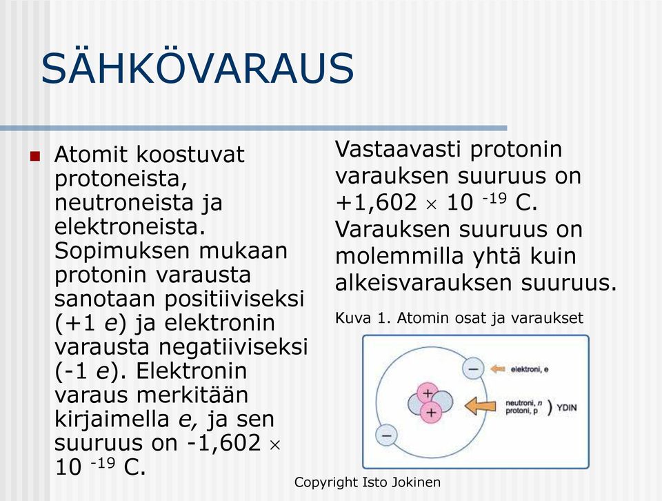 (-1 e). Elektronin varaus merkitään kirjaimella e, ja sen suuruus on -1,602 10-19 C.