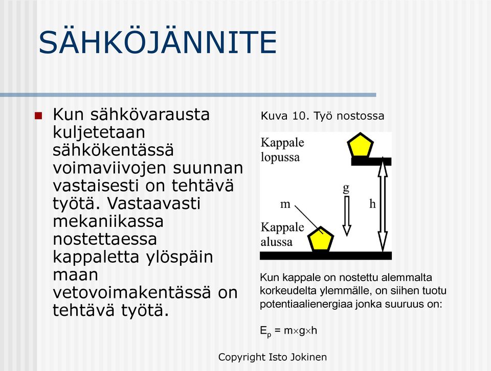 Vastaavasti mekaniikassa nostettaessa kappaletta ylöspäin maan vetovoimakentässä on