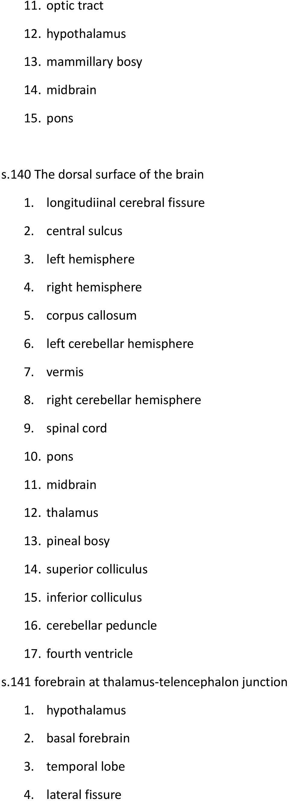 vermis 8. right cerebellar hemisphere 9. spinal cord 10. pons 11. midbrain 12. thalamus 13. pineal bosy 14. superior colliculus 15.