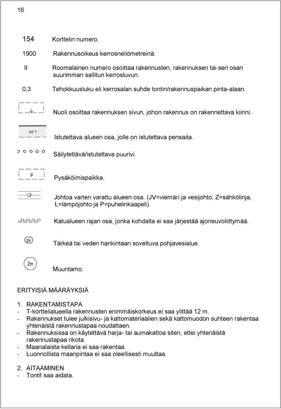 Istutettava alueen osa, jolle on istutettava pensaita. Säilytettävä/istutettava puurivi. Pysäköimispaikka. Johtoa varten varattu alueen osa.