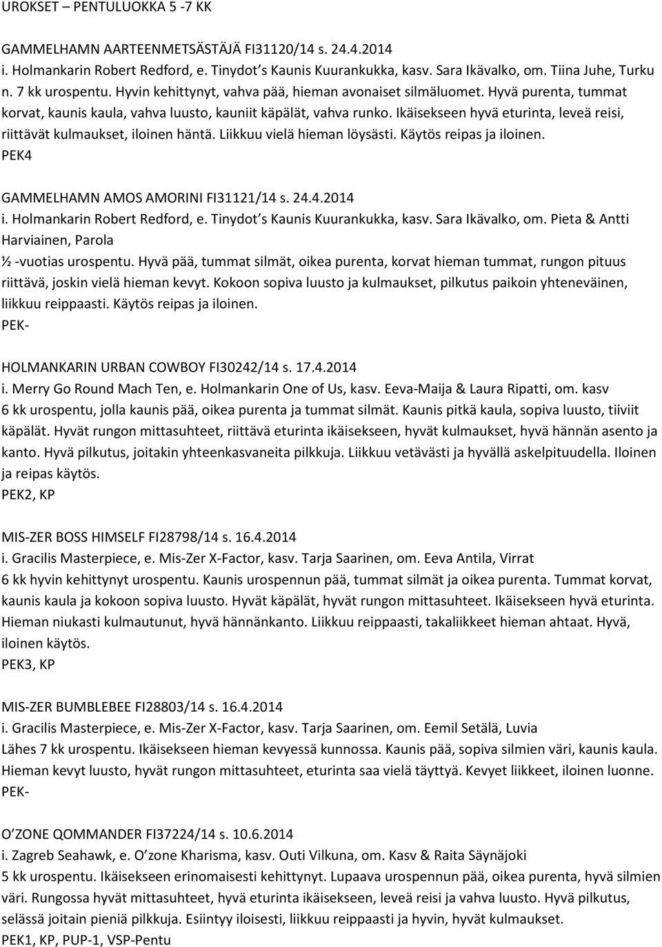 Ikäisekseen hyvä eturinta, leveä reisi, riittävät kulmaukset, iloinen häntä. Liikkuu vielä hieman löysästi. Käytös reipas ja iloinen. PEK4 GAMMELHAMN AMOS AMORINI FI31121/14 s. 24.4.2014 i.