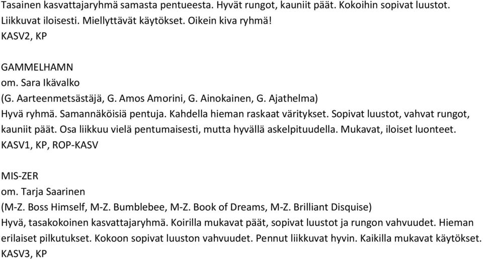 Osa liikkuu vielä pentumaisesti, mutta hyvällä askelpituudella. Mukavat, iloiset luonteet. KASV1, KP, ROP-KASV MIS-ZER om. Tarja Saarinen (M-Z. Boss Himself, M-Z. Bumblebee, M-Z. Book of Dreams, M-Z.