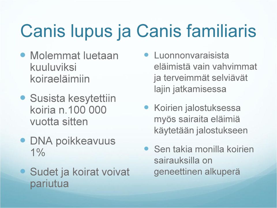 100 000 vuotta sitten DNA poikkeavuus 1% Sudet ja koirat voivat pariutua Luonnonvaraisista