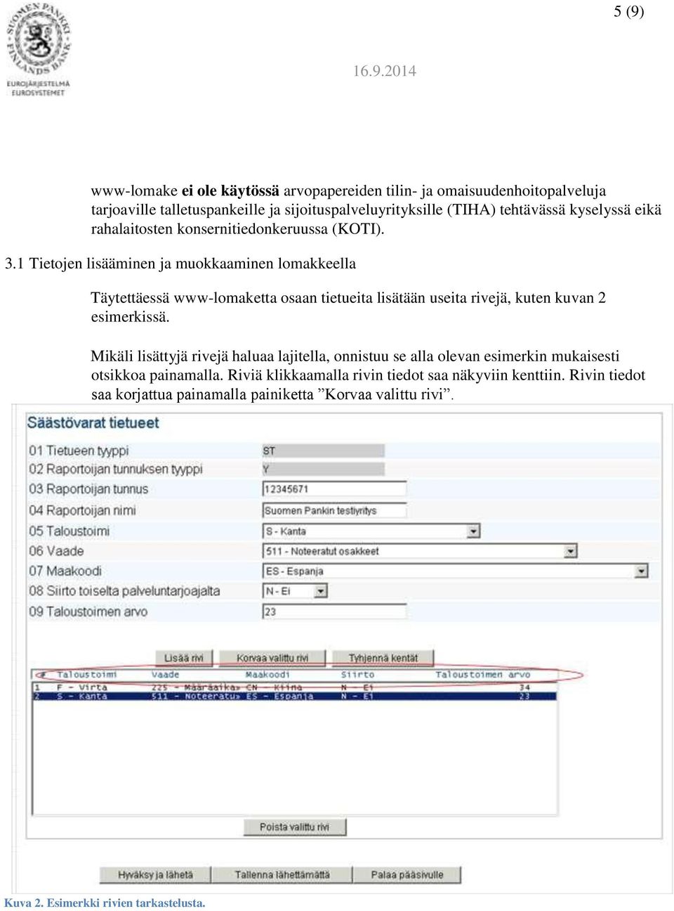 1 Tietojen lisääminen ja muokkaaminen lomakkeella Täytettäessä www-lomaketta osaan tietueita lisätään useita rivejä, kuten kuvan 2 esimerkissä.