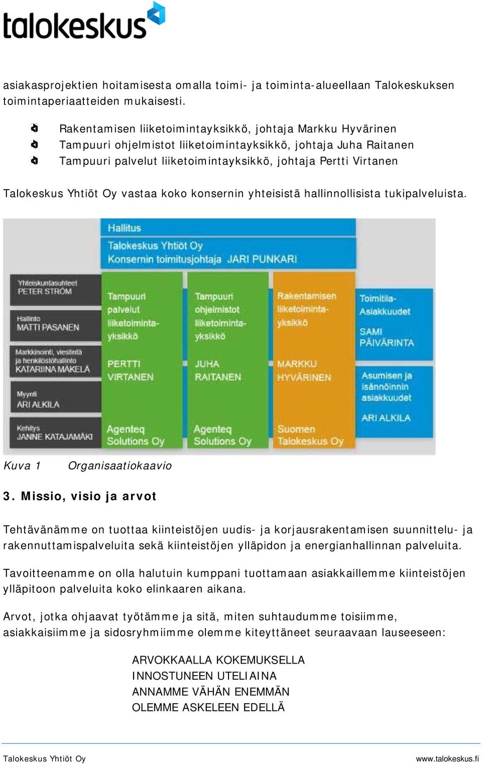 koko konsernin yhteisistä hallinnollisista tukipalveluista. Kuva 1 Organisaatiokaavio 3.