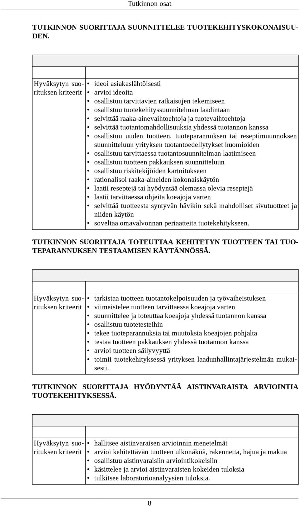 tuotantomahdollisuuksia yhdessä tuotannon kanssa osallistuu uuden tuotteen, tuoteparannuksen tai reseptimuunnoksen suunnitteluun yrityksen tuotantoedellytykset huomioiden osallistuu tarvittaessa