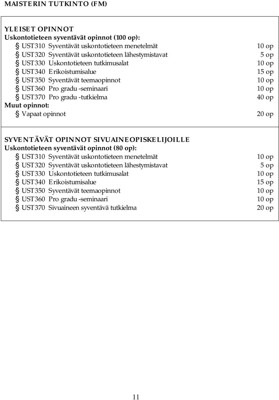 op 10 op 40 op 20 op SYVENTÄVÄT OPINNOT SIVUAINEOPISKELIJOILLE Uskontotieteen syventävät opinnot (80 op): UST310 Syventävät uskontotieteen menetelmät UST320 Syventävät uskontotieteen