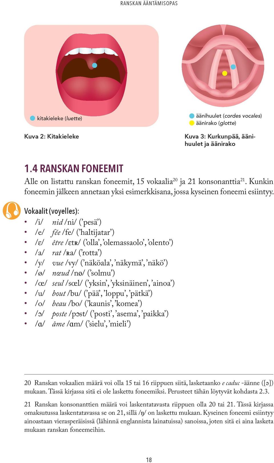 Kunkin foneemin jälkeen annetaan yksi esimerkkisana, jossa kyseinen foneemi esiintyy.