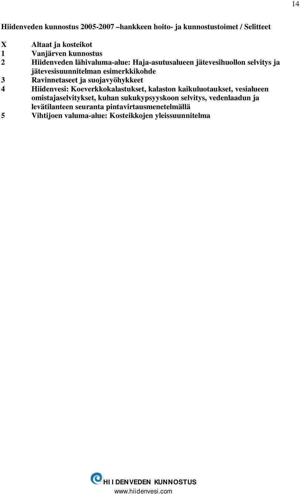 suojavyöhykkeet 4 Hiidenvesi: Koeverkkokalastukset, kalaston kaikuluotaukset, vesialueen omistajaselvitykset, kuhan