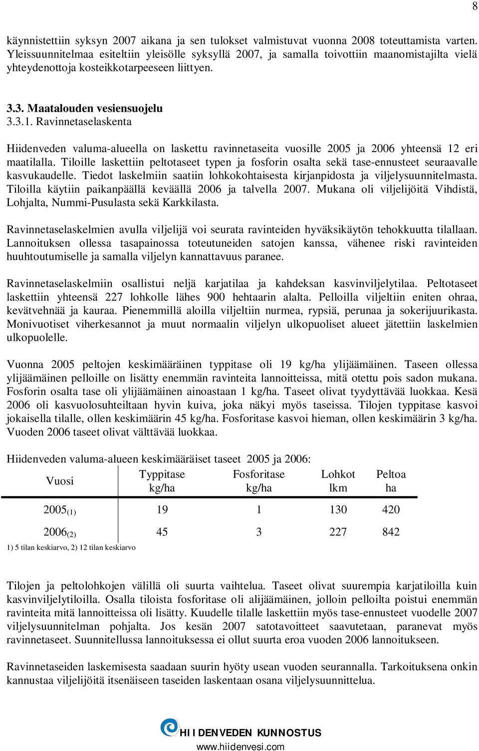 Ravinnetaselaskenta Hiidenveden valuma-alueella on laskettu ravinnetaseita vuosille 2005 ja 2006 yhteensä 12 eri maatilalla.