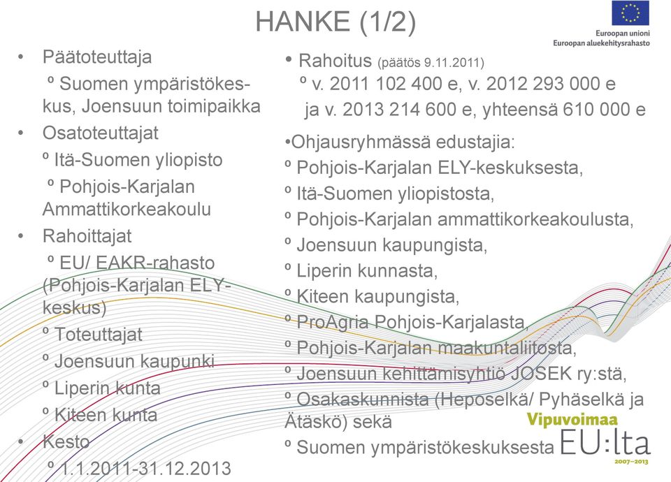 2013 214 600 e, yhteensä 610 000 e Ohjausryhmässä edustajia: º Pohjois-Karjalan ELY-keskuksesta, º Itä-Suomen yliopistosta, º Pohjois-Karjalan ammattikorkeakoulusta, º Joensuun kaupungista, º Liperin