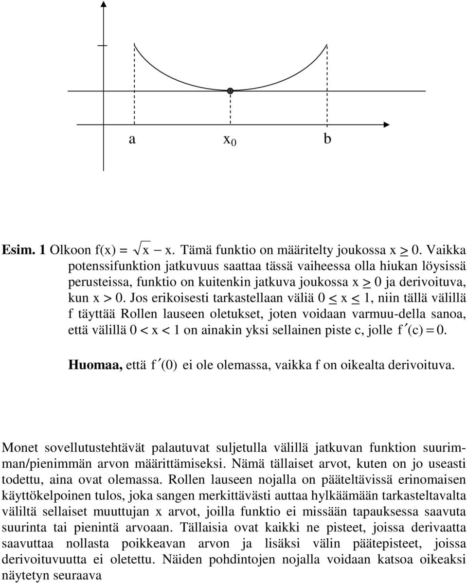 Jos erikoisesti tarkastellaan väliä 0 < x <, niin tällä välillä f täyttää Rollen lauseen oletukset, joten voidaan varmuu-della sanoa, että välillä 0 < x < on ainakin yksi sellainen piste, jolle f ()