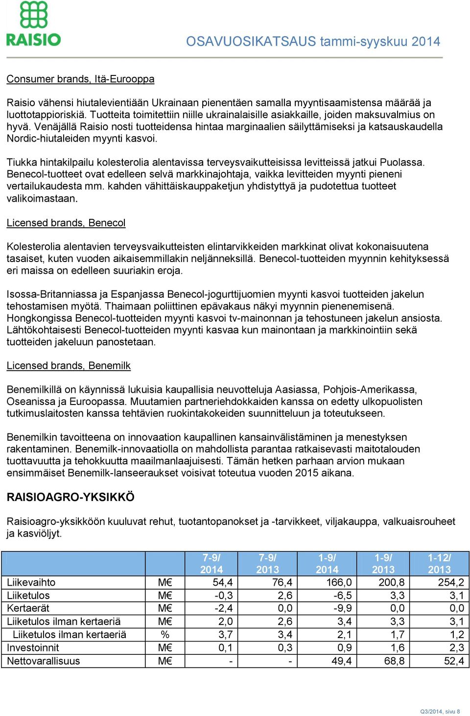 Venäjällä Raisio nosti tuotteidensa hintaa marginaalien säilyttämiseksi ja katsauskaudella Nordic-hiutaleiden myynti kasvoi.