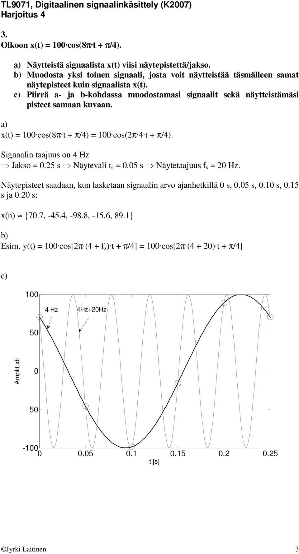 c) Piirrä a- ja b-kohdassa muodostamasi signaalit sekä näytteistämäsi pisteet samaan kuvaan. a) x(t) = 1 cos(π t + π/) = 1 cos(π t + π/).