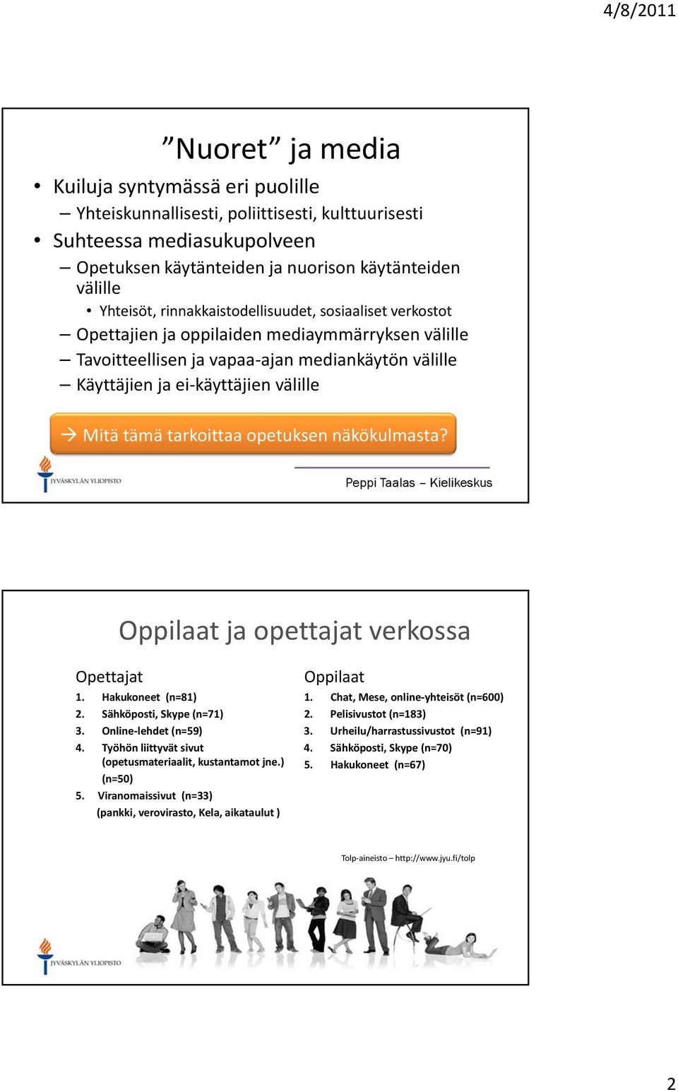 tarkoittaa opetuksen näkökulmasta? Oppilaat ja opettajat verkossa Opettajat 1. Hakukoneet (n=81) 2. Sähköposti, Skype (n=71) 3. Online lehdet (n=59) 4.