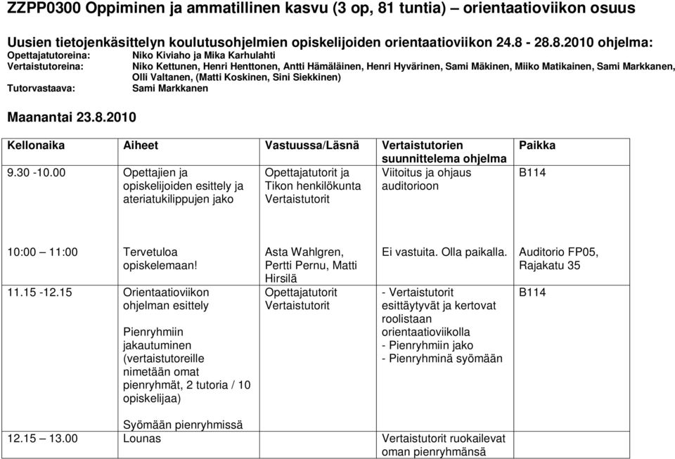 Siekkinen) Sami Markkanen Kellonaika Aiheet Vastuussa/Läsnä Vertaistutorien suunnittelema ohjelma 9.30-10.