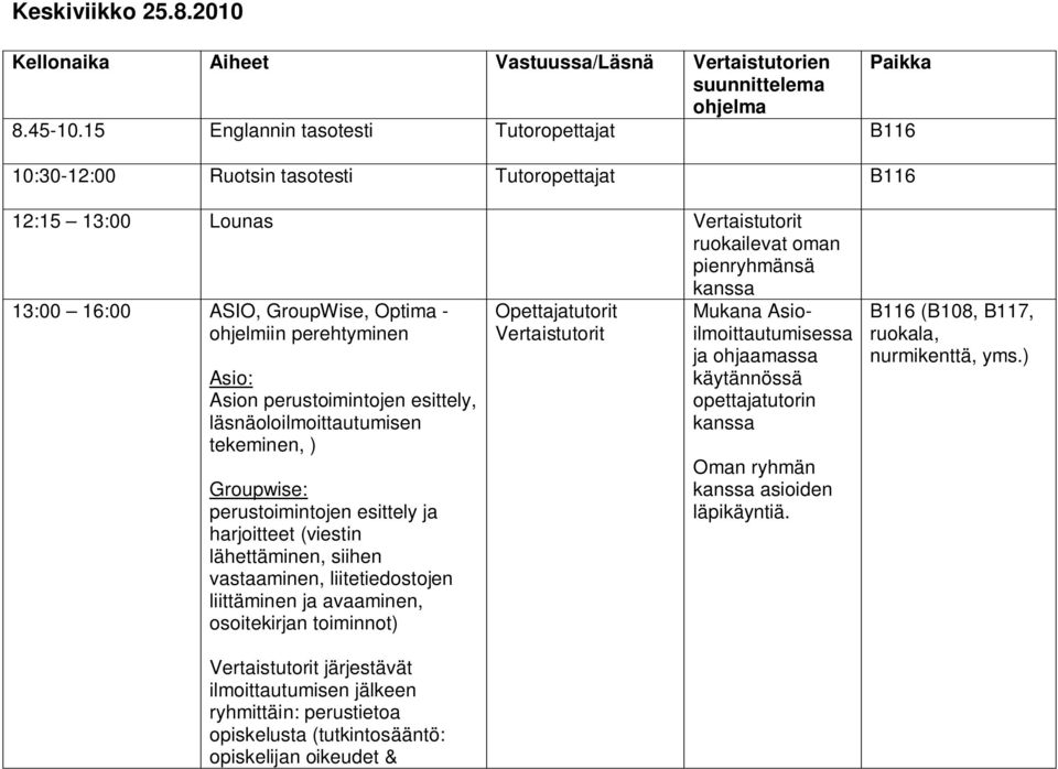 perehtyminen Asio: Asion perustoimintojen esittely, läsnäoloilmoittautumisen tekeminen, ) Groupwise: perustoimintojen esittely ja harjoitteet (viestin lähettäminen, siihen vastaaminen,