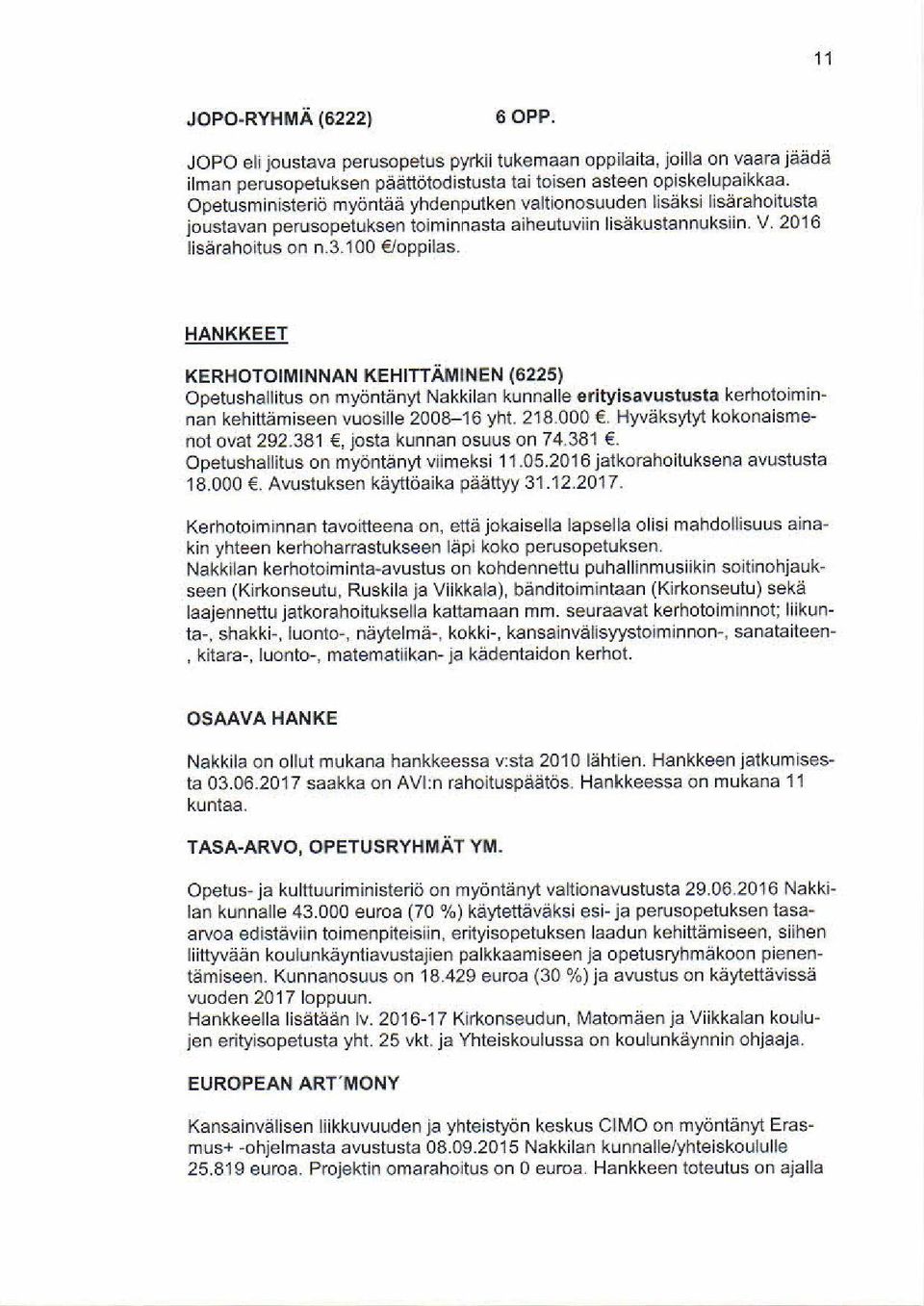 2016 HANKKEET KERHOTOIMINNAN KEHITTÄMINEN (6225) Opetushallitus on myöntänyt Nakkilan kunnalle erityisavustusta kerhotoiminnan kehittämiseen vuosille 2008-16 yht. 2180006.
