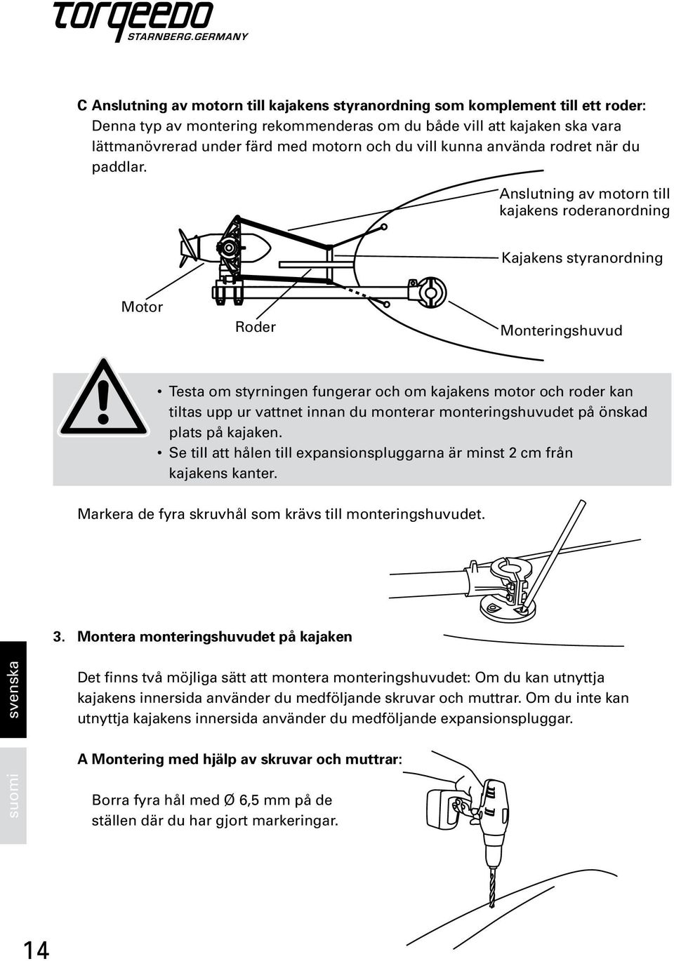 Anslutning av motorn till kajakens roderanordning Kajakens styranordning Motor Roder Monteringshuvud Testa om styrningen fungerar och om kajakens motor och roder kan tiltas upp ur vattnet innan du