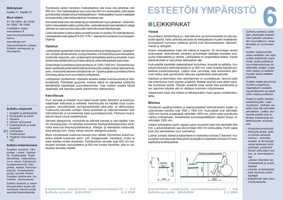 levähdyspaikat 6 Leikkipaikat 7 Pysäkkialueet 8 Tilapäiset liikennejärjestelyt SuRaKu-kriteeritaulukot Suojatien reunatuki, Ulkoportaat, Luiskat, Opaslaatat, Erotteluraidat, Pysäkkikorokkeet,