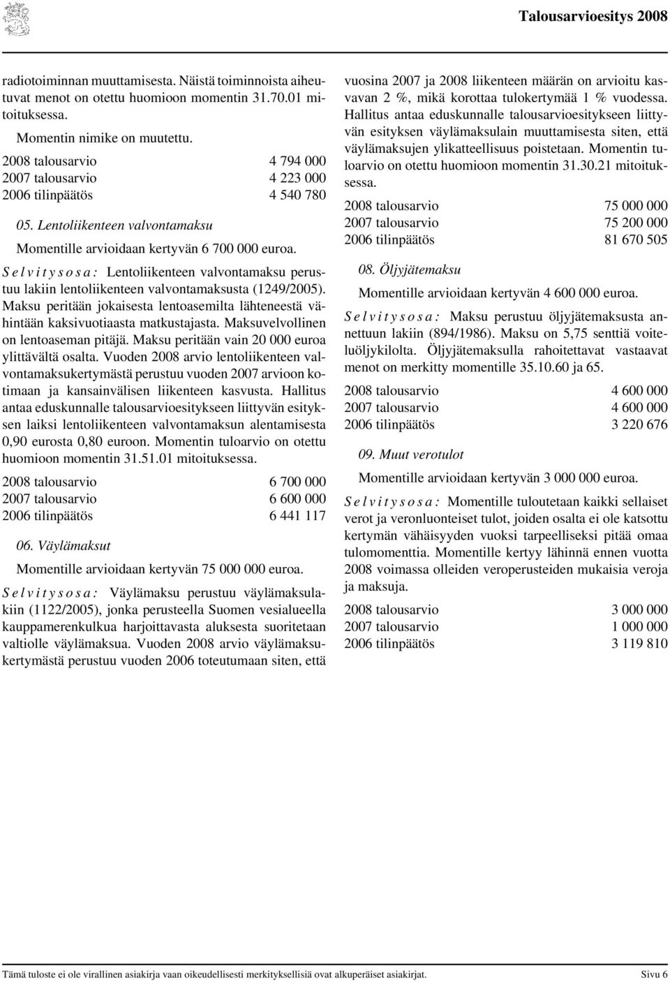 S e l v i t y s o s a : Lentoliikenteen valvontamaksu perustuu lakiin lentoliikenteen valvontamaksusta (1249/2005).