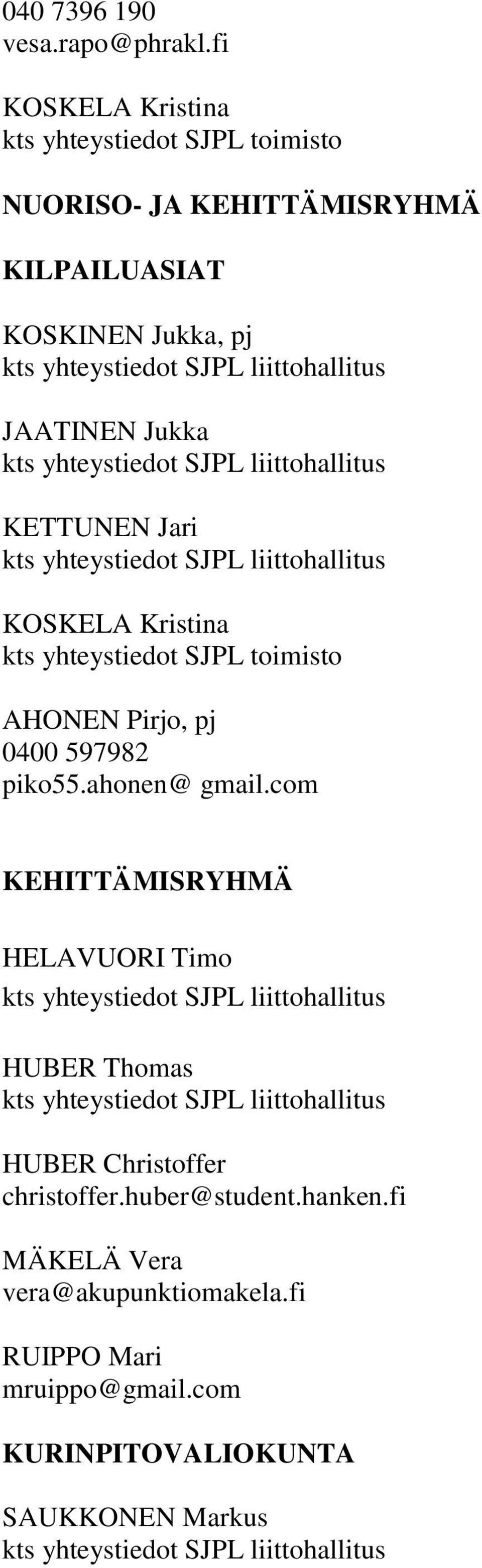 JAATINEN Jukka KETTUNEN Jari KOSKELA Kristina kts yhteystiedot SJPL toimisto AHONEN Pirjo, pj 0400 597982 piko55.