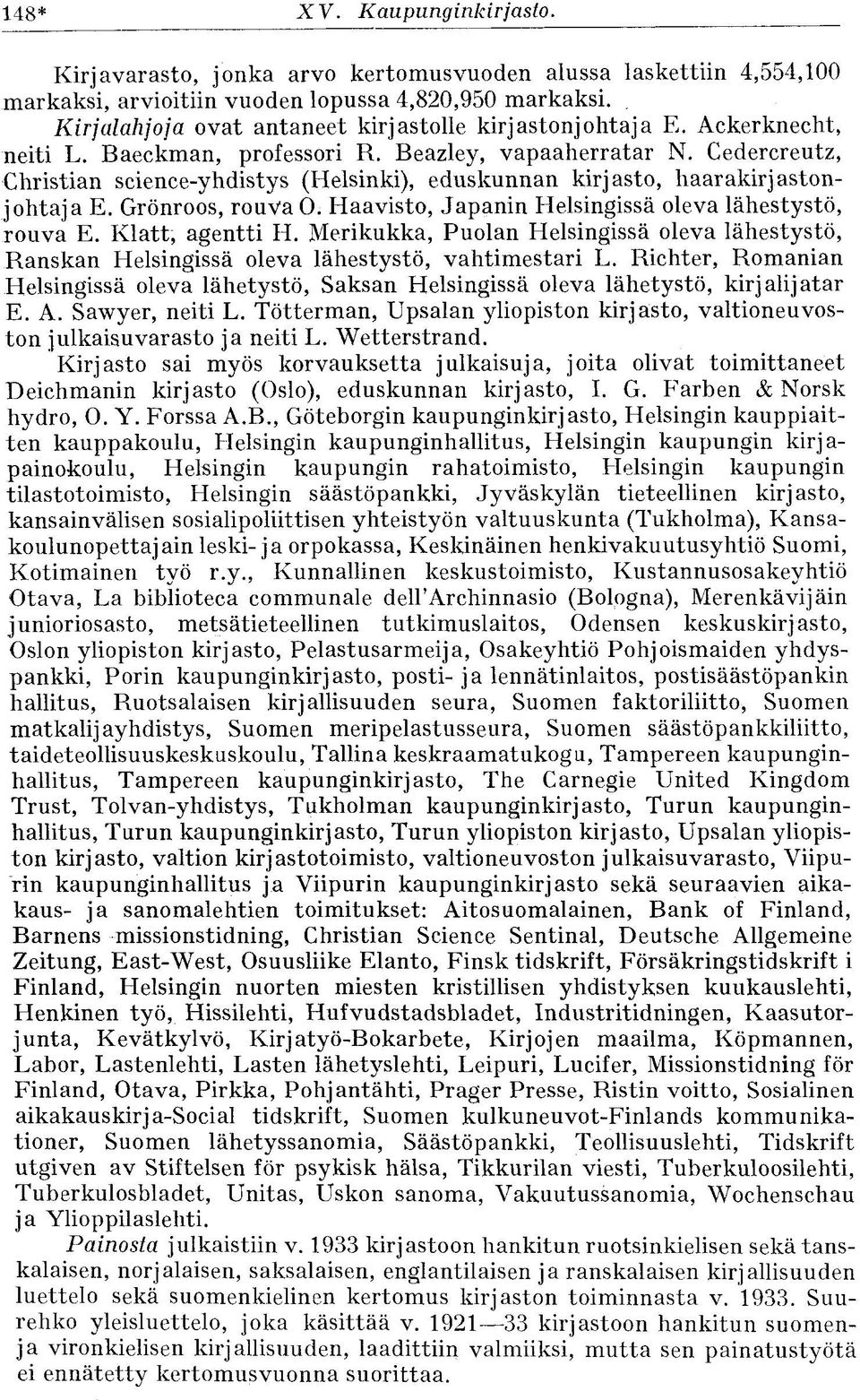 Cedercreutz, Christian science-yhdistys (Helsinki), eduskunnan kirjasto, haarakirjastonjohtaja E. Grönroos, rouva O. Haavisto, Japanin Helsingissä oleva lähestystö, rouva E. Klatt, agentti H.