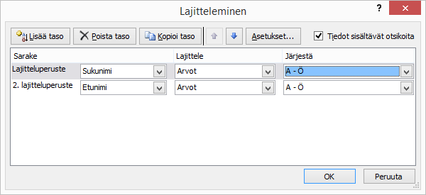 28 (34) Luettelot 11. Luettelot Taulukon tiedot voidaan järjestää uudelleen aakkos- tai numerojärjestykseen. Lajittelutasoja voi olla useita. 11.1. Pikalajittelu - Valitse taulukkoalueelta yksi solu tai vaihtoehtoisesti koko lajiteltava taulukko.