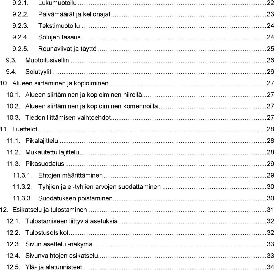 .. 27 11. Luettelot... 28 11.1. Pikalajittelu... 28 11.2. Mukautettu lajittelu... 28 11.3. Pikasuodatus... 29 11.3.1. Ehtojen määrittäminen... 29 11.3.2. Tyhjien ja ei-tyhjien arvojen suodattaminen.