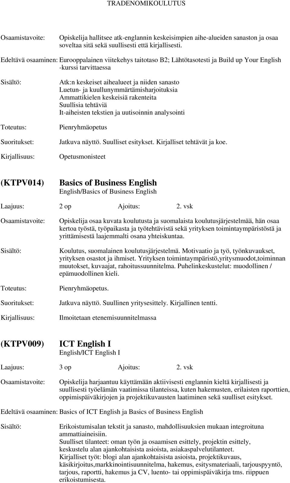 kuullunymmärtämisharjoituksia Ammattikielen keskeisiä rakenteita Suullisia tehtäviä It-aiheisten tekstien ja uutisoinnin analysointi Pienryhmäopetus Jatkuva näyttö. Suulliset esitykset.