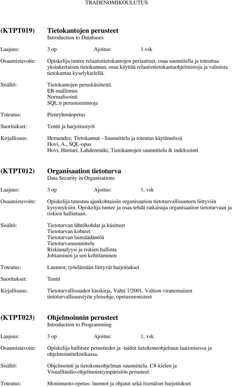 Tietokantojen peruskäsitteitä ER-mallinnus Normalisointi SQL:n perustoimintoja Pienryhmäopetus Tentti ja harjoitustyöt Hernandez, Tietokannat - Suunnittelu ja toteutus käytännössä Hovi, A.