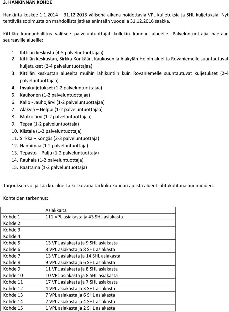 Kittilän keskustan, Sirkka-Könkään, Kaukosen ja Alakylän-Helpin alueilta Rovaniemelle suuntautuvat kuljetukset (2-4 palveluntuottajaa) 3.