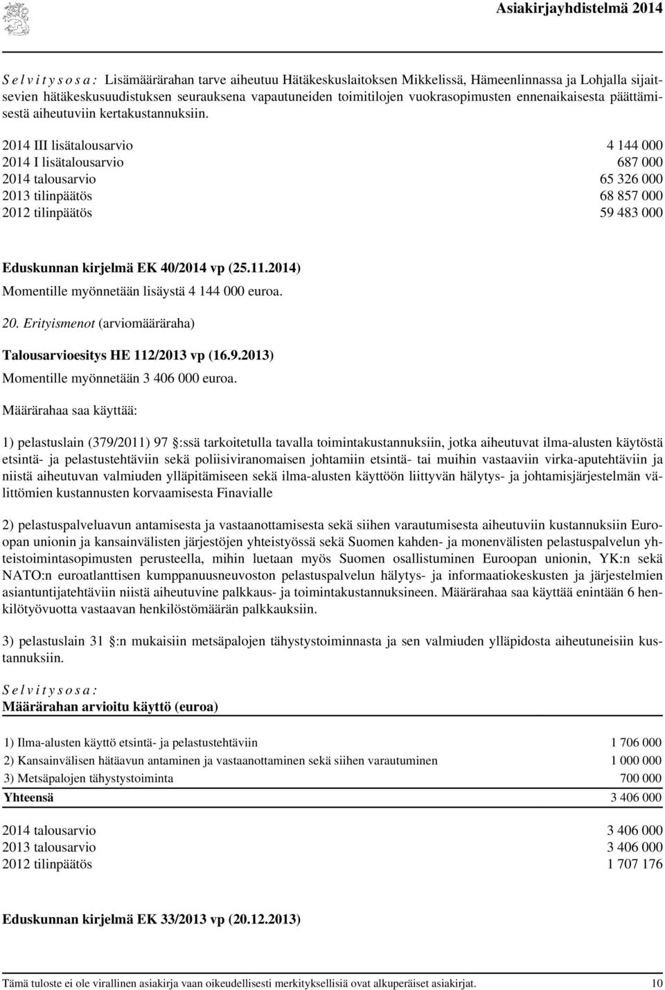 III lisätalousarvio 4 144 000 I lisätalousarvio 687 000 talousarvio 65 326 000 tilinpäätös 68 857 000 tilinpäätös 59 483 000 Eduskunnan kirjelmä EK 40/ vp (25.11.