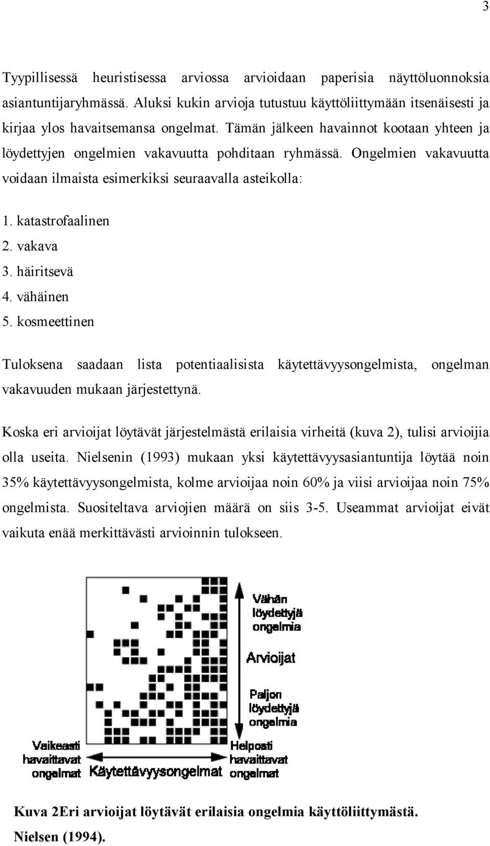 vakava 3. häiritsevä 4. vähäinen 5. kosmeettinen Tuloksena saadaan lista potentiaalisista käytettävyysongelmista, ongelman vakavuuden mukaan järjestettynä.