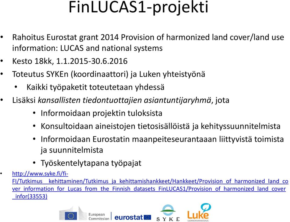 tuloksista Konsultoidaan aineistojen tietosisällöistä ja kehityssuunnitelmista Informoidaan Eurostatin maanpeiteseurantaaan liittyvistä toimista ja suunnitelmista Työskentelytapana työpajat